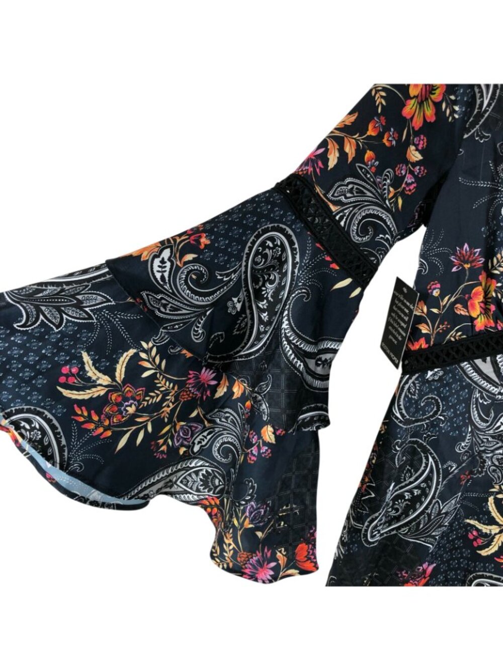 Alexia Admor Mini Dress Bell Sleeve Ruffle Floral Paisley Keyhole Navy Blue 2 - Picture 2 of 7